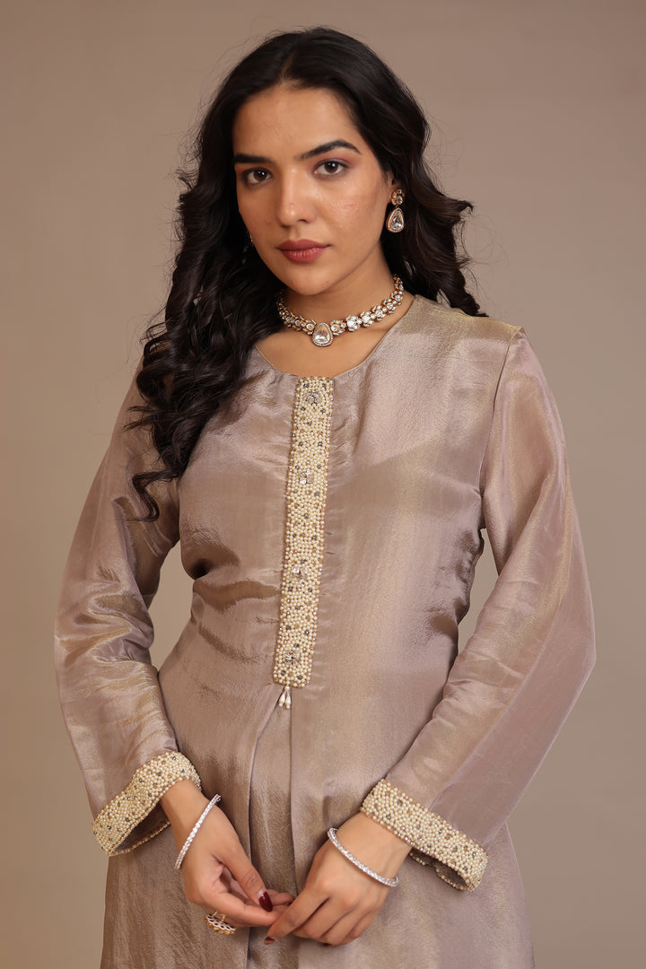 Tissue shimmer silk Suit with Pearl, Stone work