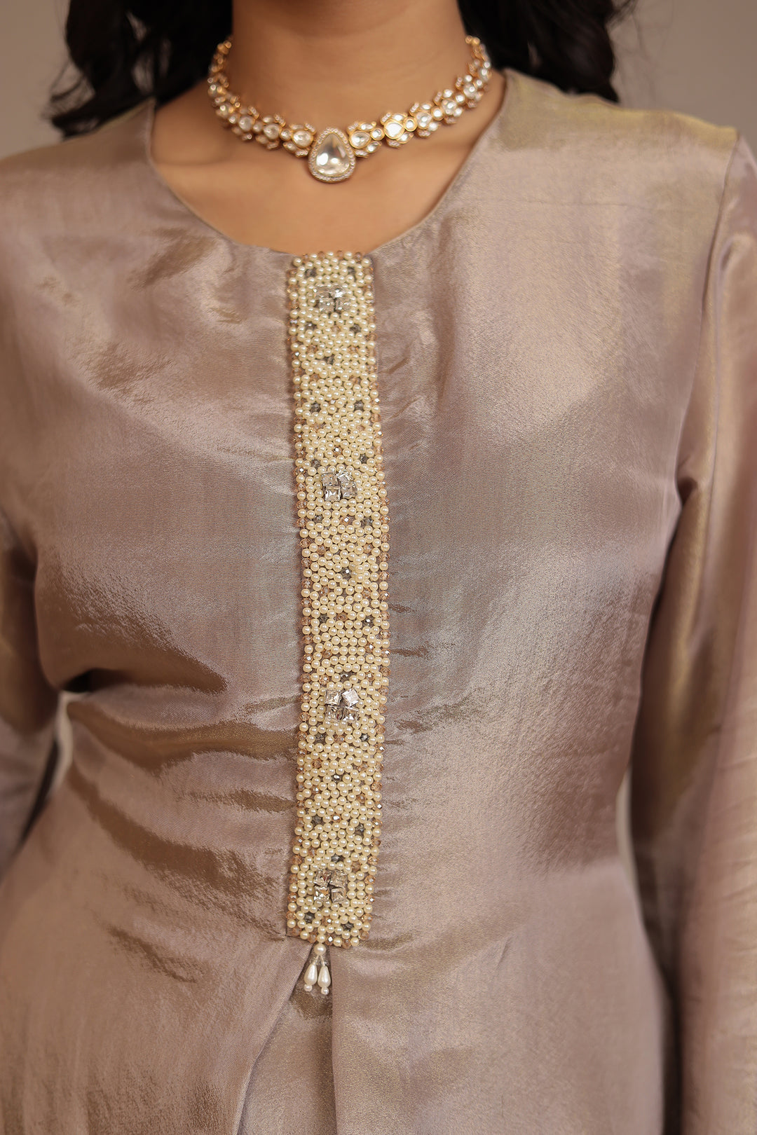 Tissue shimmer silk Suit with Pearl, Stone work