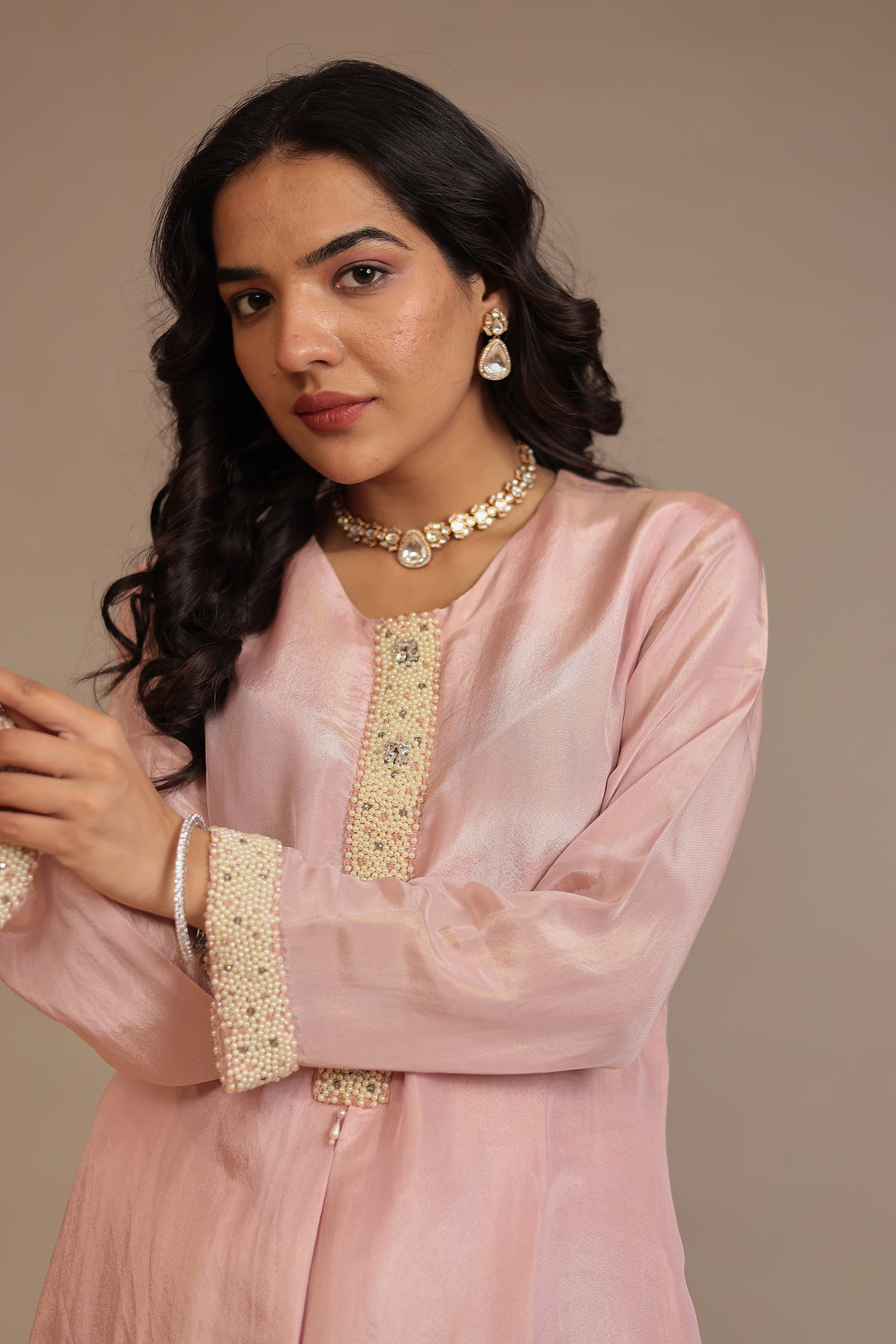 Tissue shimmer silk Suit  with Pearl, Stone work