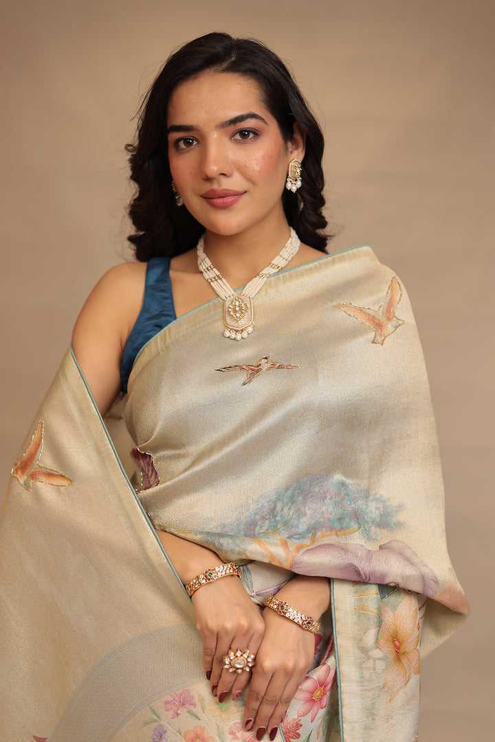 Handloom silk Saree with Cutdana, Mirror work