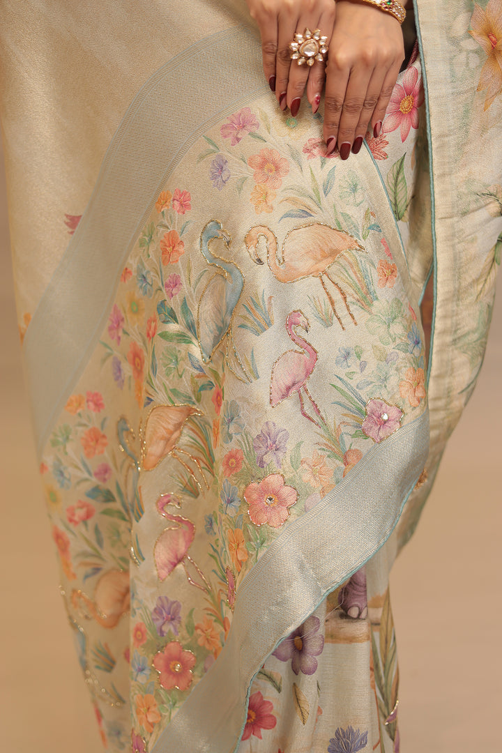 Handloom silk Saree with Cutdana, Mirror work