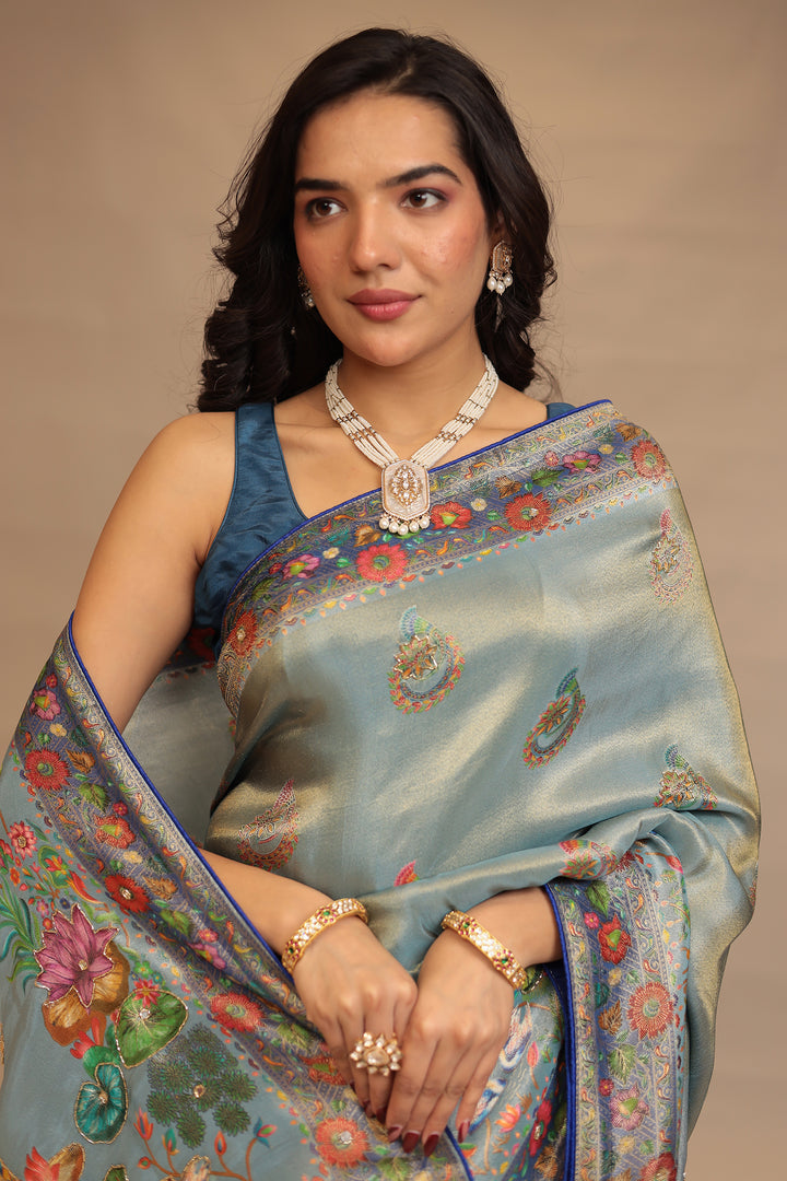 Handloom silk Saree with Cutdana, Mirror work