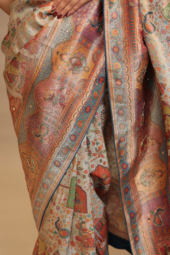 Handloom silk Saree with Cutdana, Mirror work