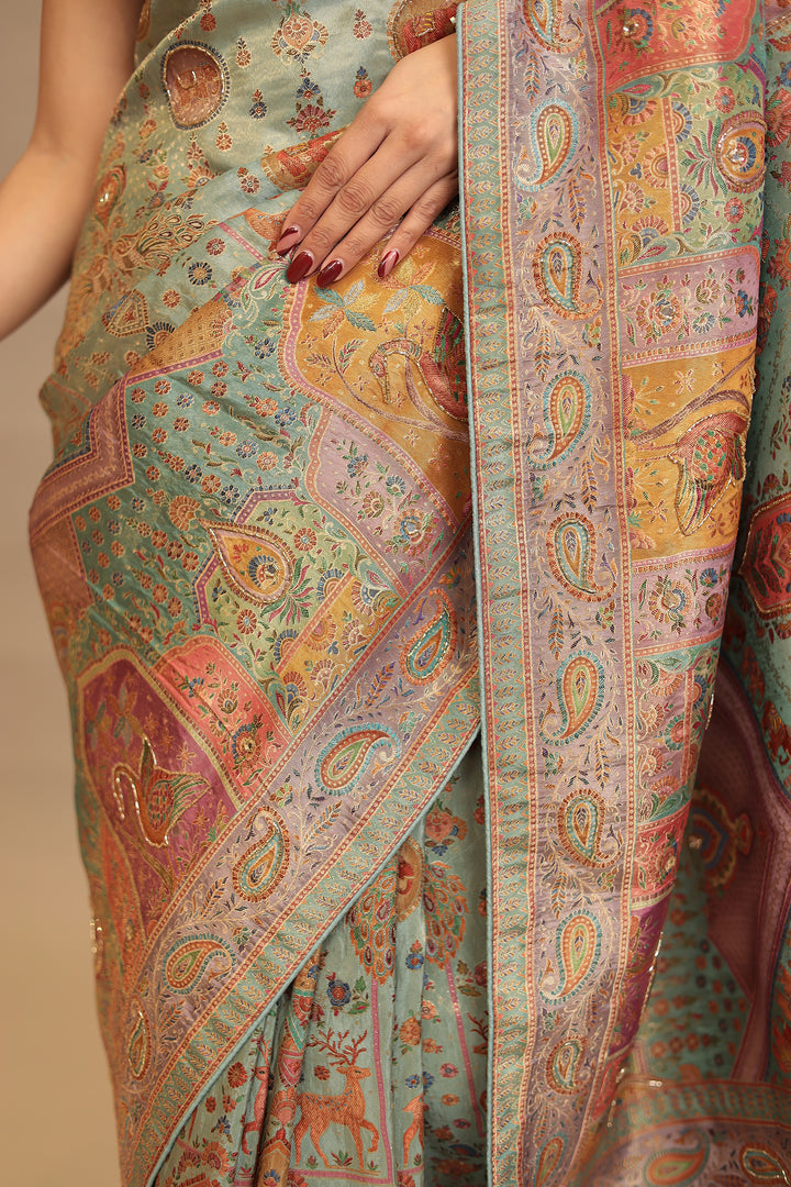 Handloom silk Saree with Cutdana, Mirror work