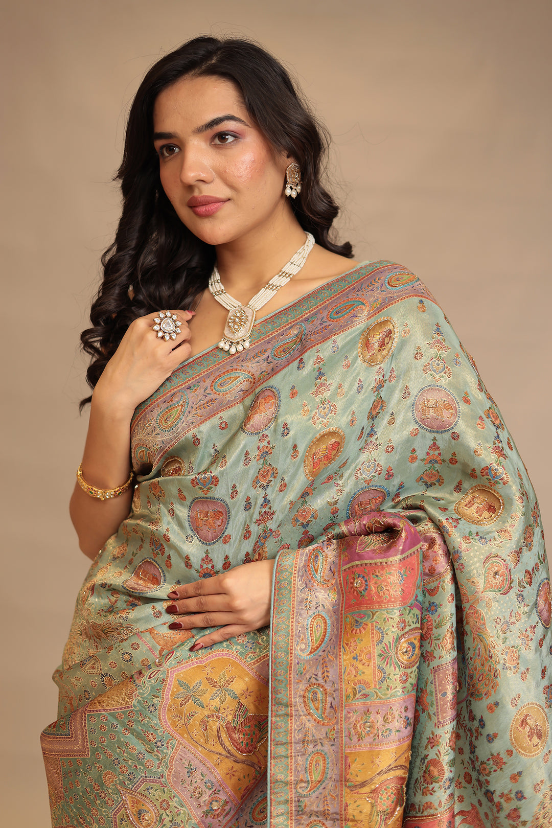 Handloom silk Saree with Cutdana, Mirror work