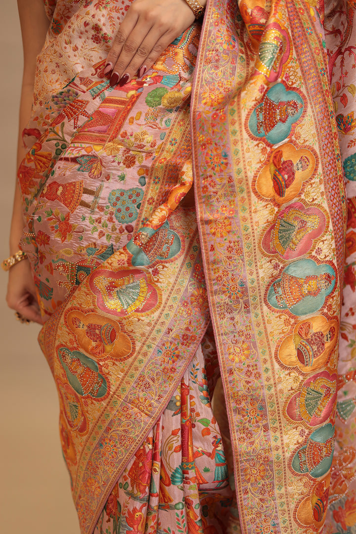 Handloom silk Saree with Cutdana, Mirror work