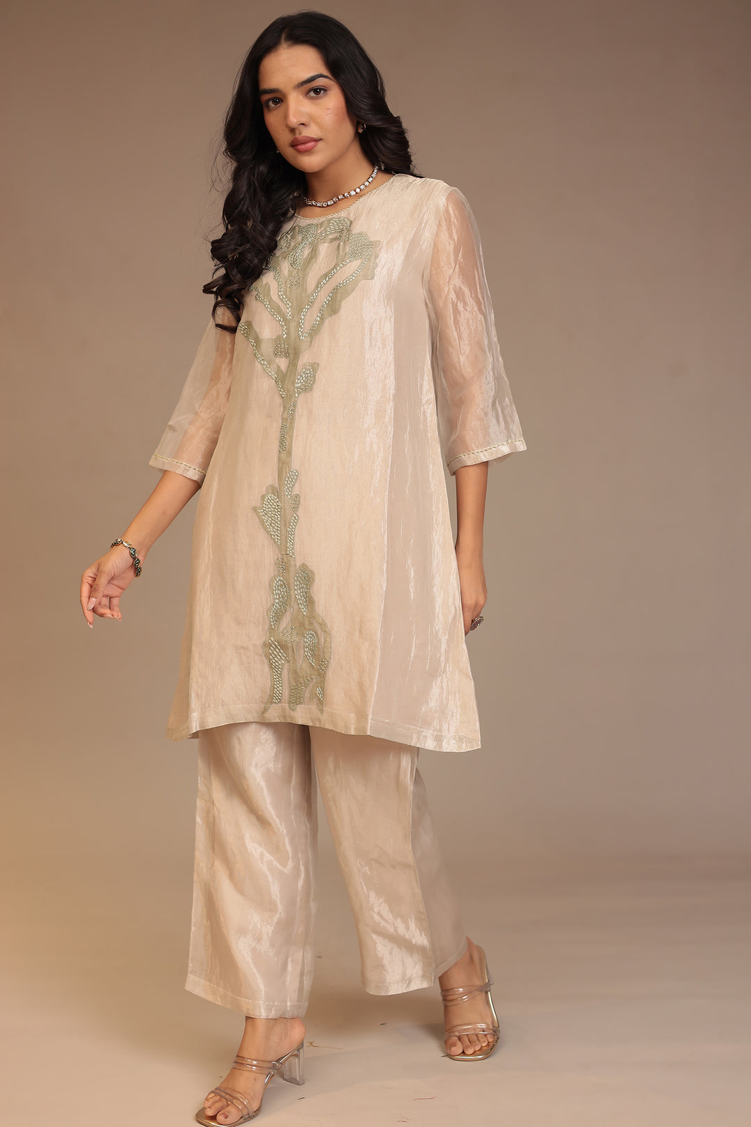 Tissue Kurta with Pearl, Thread work.