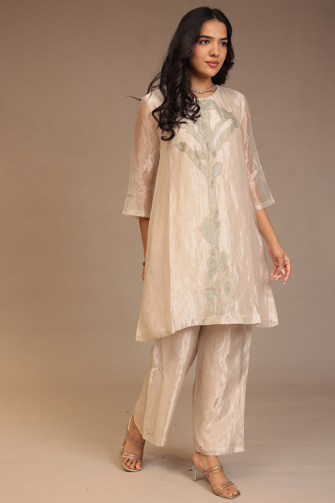 Tissue Kurta with Pearl, Thread work.