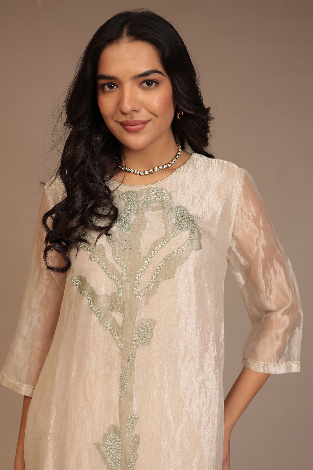 Tissue Kurta with Pearl, Thread work.