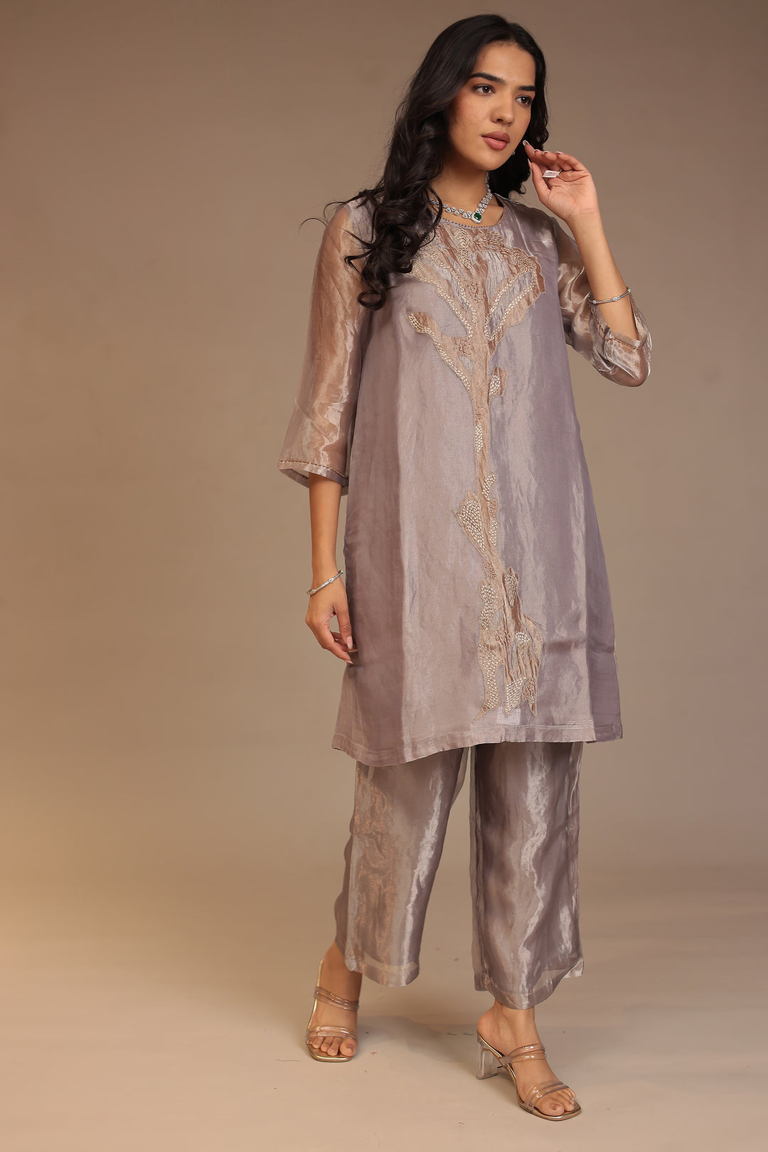 Tissue Kurta with Pearl, Thread work.