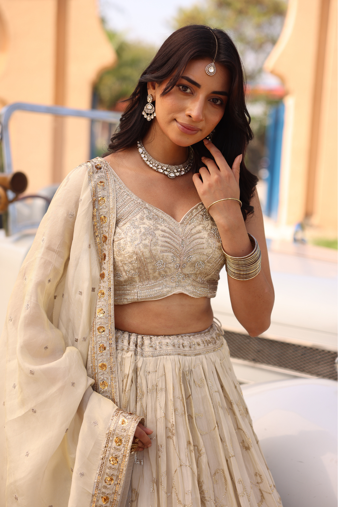 Tissue Lehenga with Aari, Sequins work.