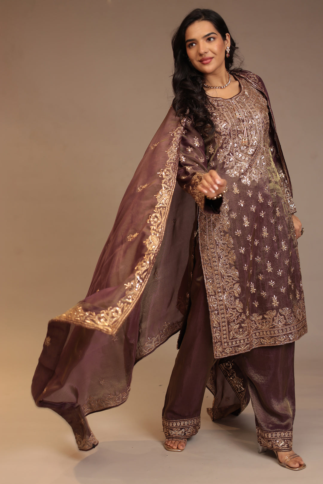 Tissue shimmer silk Suit with Aari, Mirror, Sequins, Thread work.