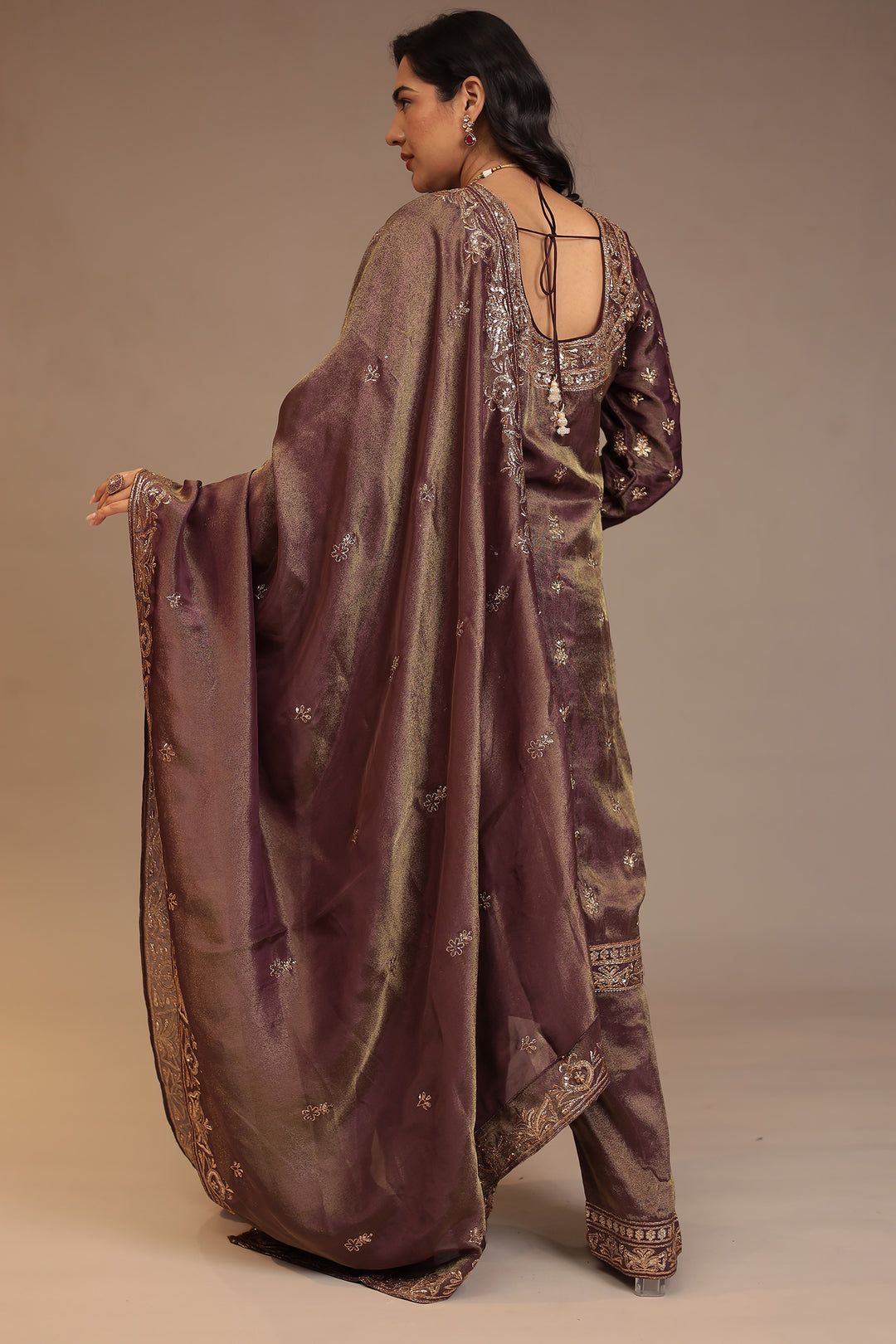 Tissue shimmer silk Suit with Aari, Mirror, Sequins, Thread work.