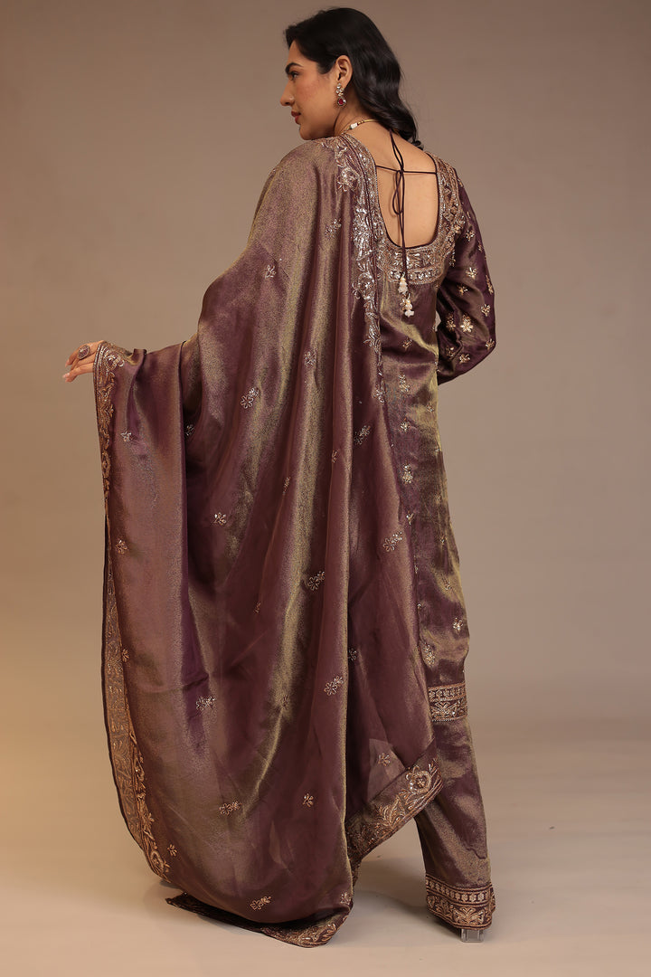 Tissue shimmer silk Suit with Aari, Mirror, Sequins, Thread work.