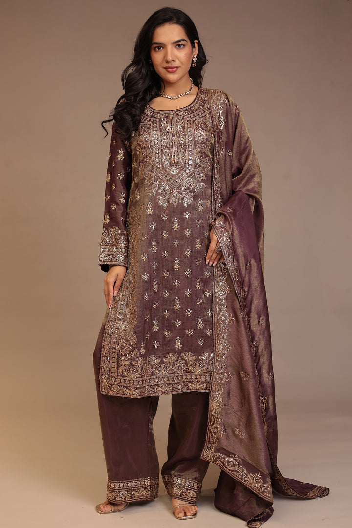 Tissue shimmer silk Suit with Aari, Mirror, Sequins, Thread work.