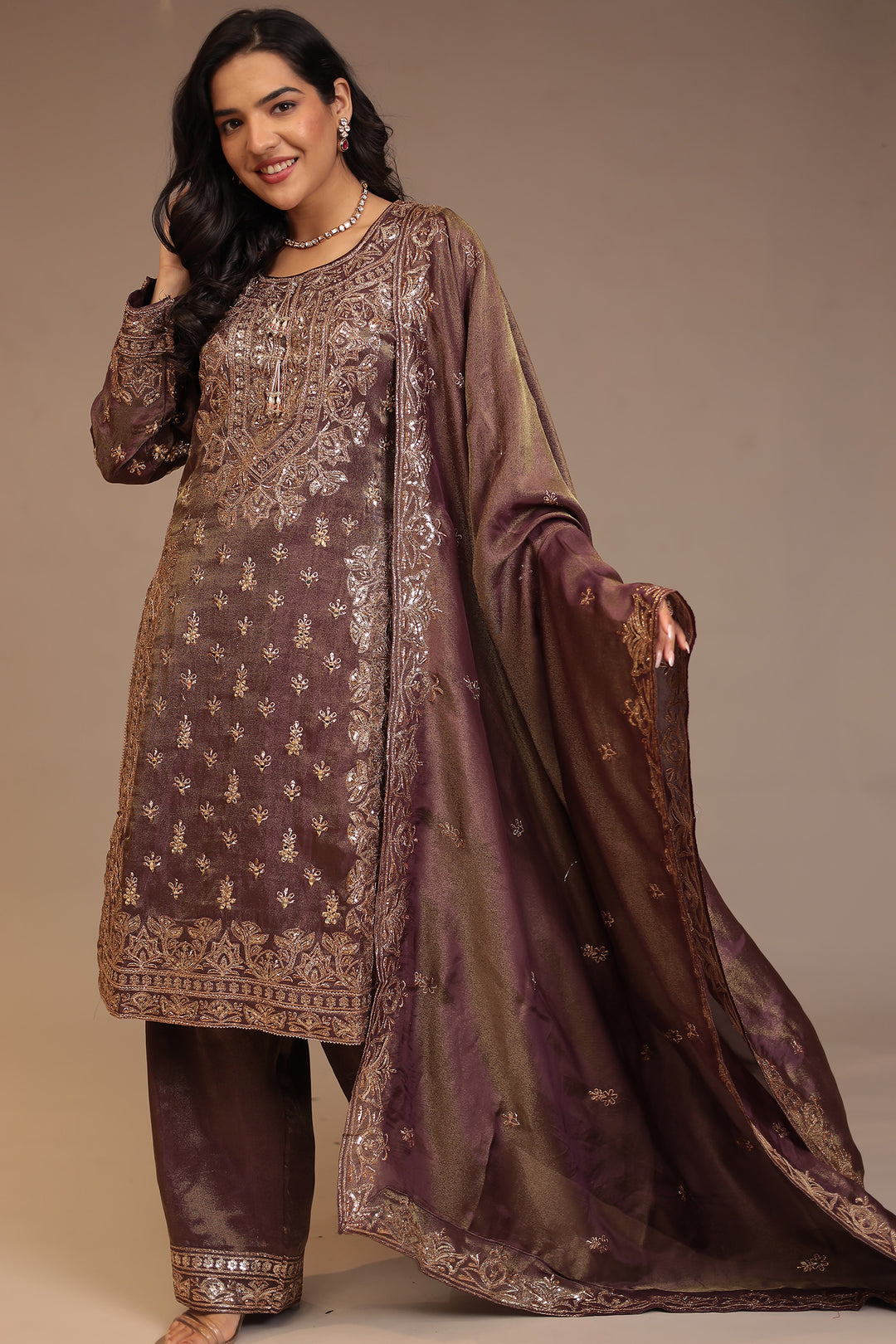 Tissue shimmer silk Suit with Aari, Cutdana, Mirror, Sequins, Thread work.