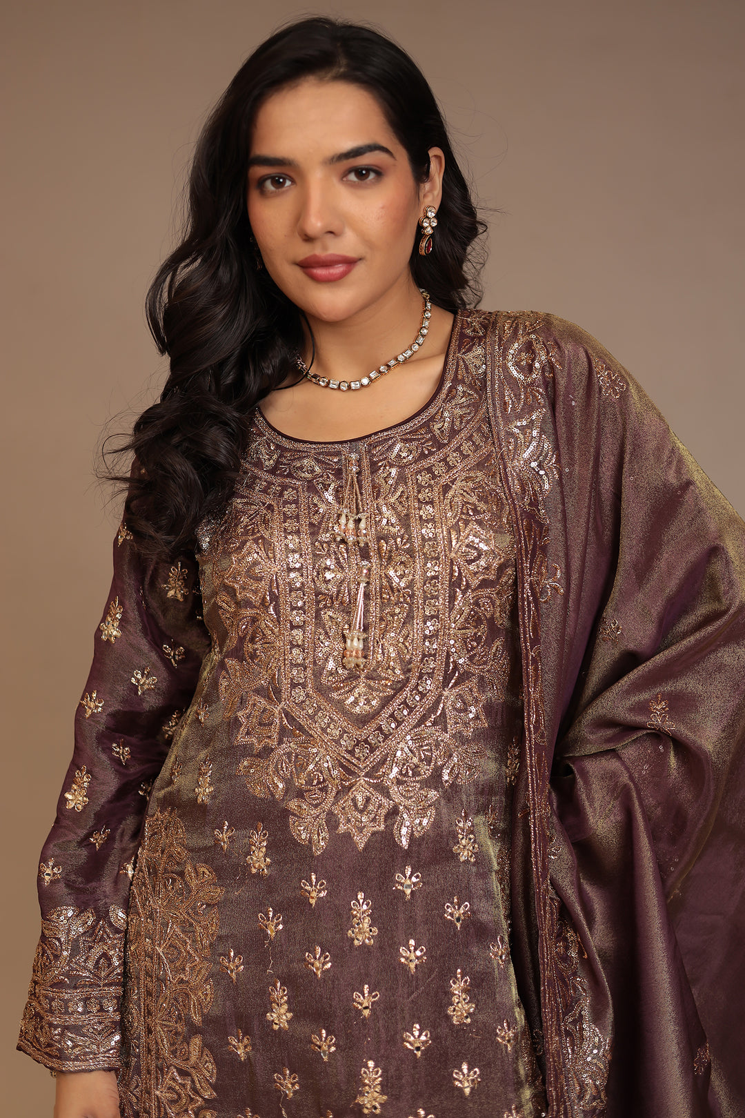Tissue shimmer silk Suit with Aari, Cutdana, Mirror, Sequins, Thread work.