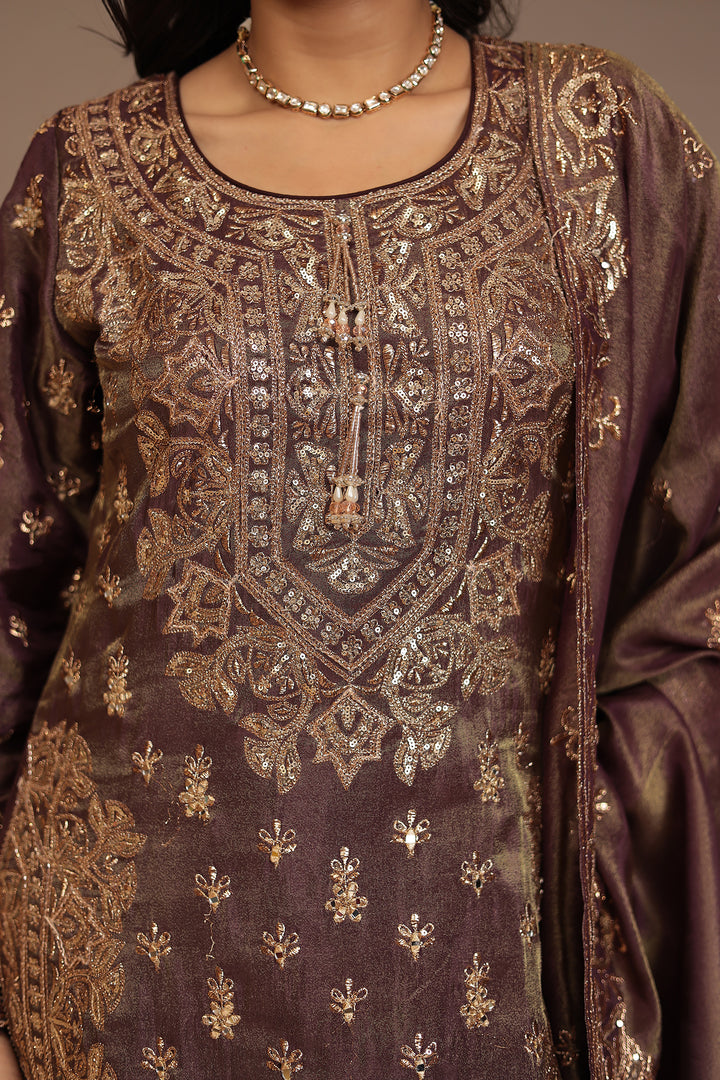 Tissue shimmer silk Suit with Aari, Cutdana, Mirror, Sequins, Thread work.