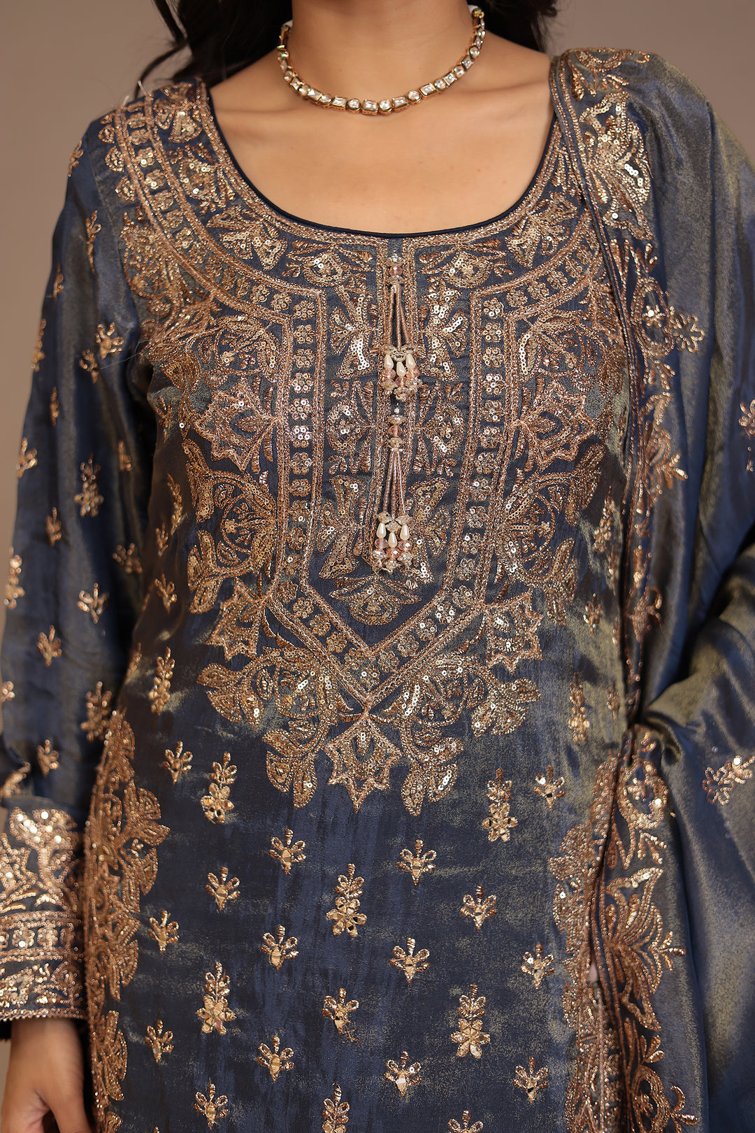 Tissue shimmer silk Suit with Aari, Cutdana, Mirror, Sequins, Thread work.