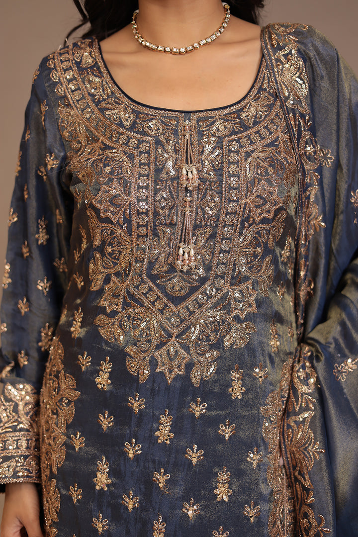 Tissue shimmer silk Suit with Aari, Mirror, Sequins, Thread work.