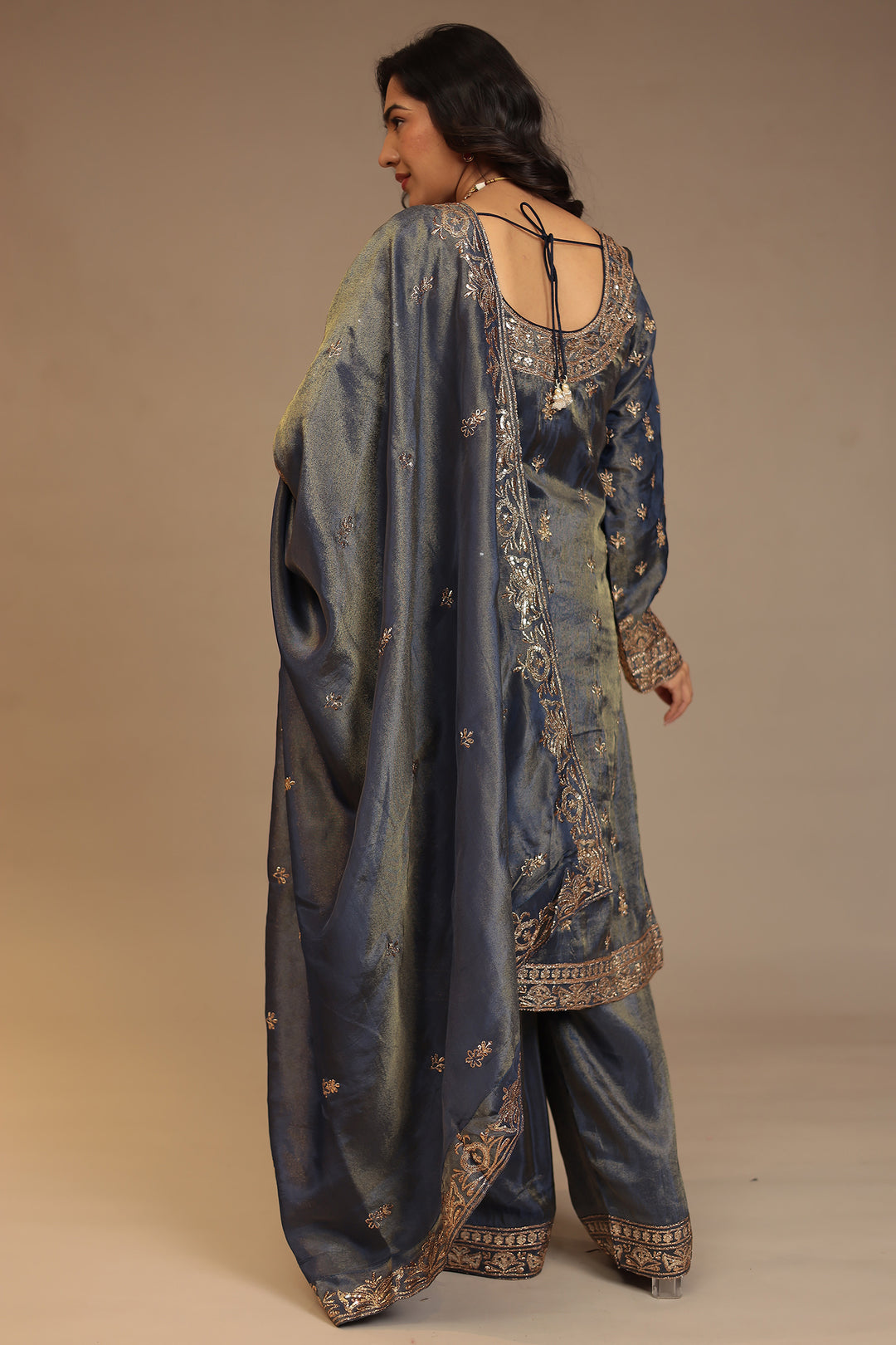 Tissue shimmer silk Suit with Aari, Cutdana, Mirror, Sequins, Thread work.