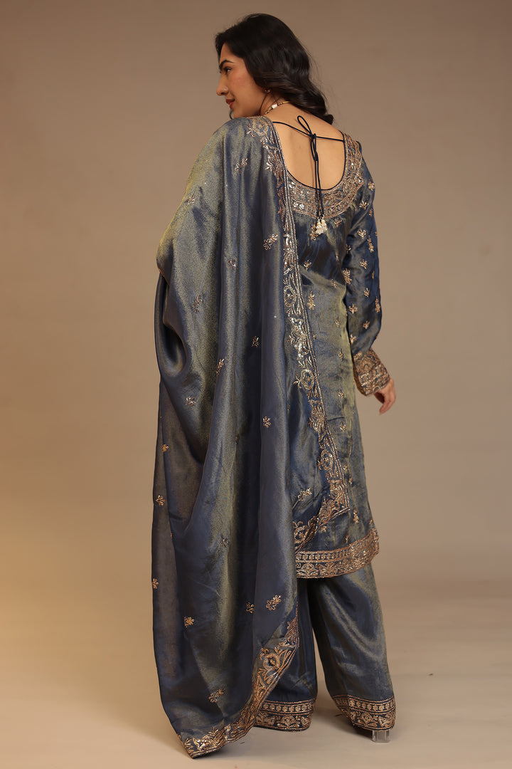 Tissue shimmer silk Suit with Aari, Mirror, Sequins, Thread work.