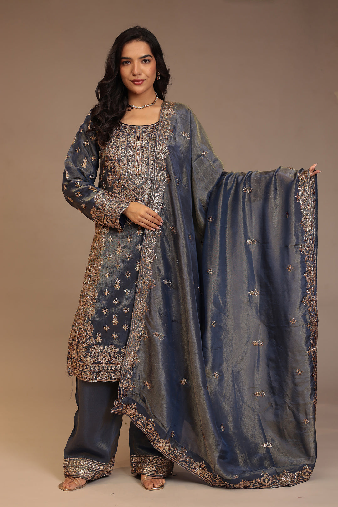 Tissue shimmer silk Suit with Aari, Cutdana, Mirror, Sequins, Thread work.
