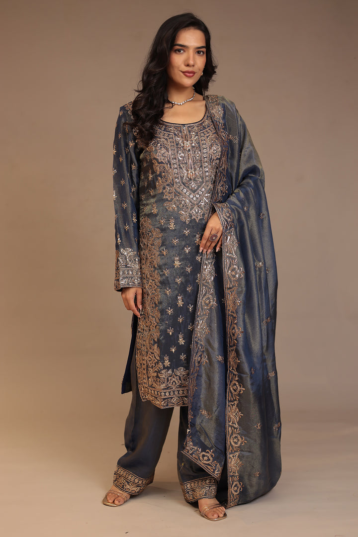 Tissue shimmer silk Suit with Aari, Mirror, Sequins, Thread work.