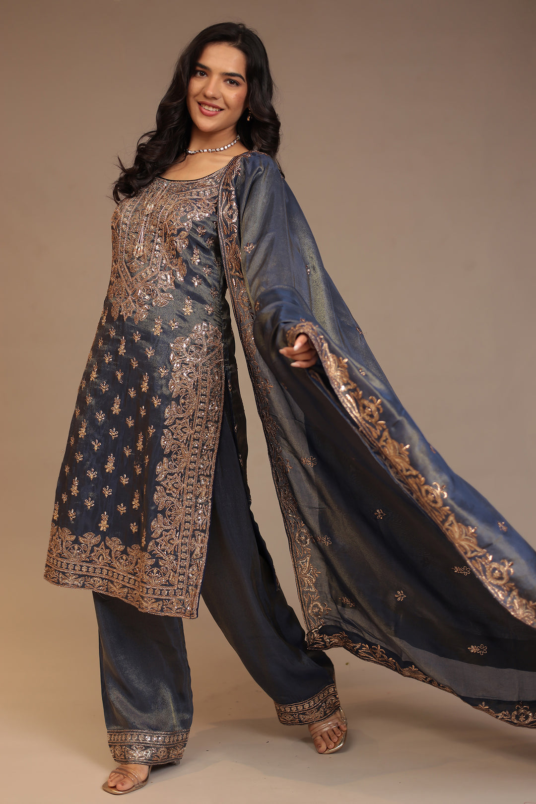 Tissue shimmer silk Suit with Aari, Mirror, Sequins, Thread work.