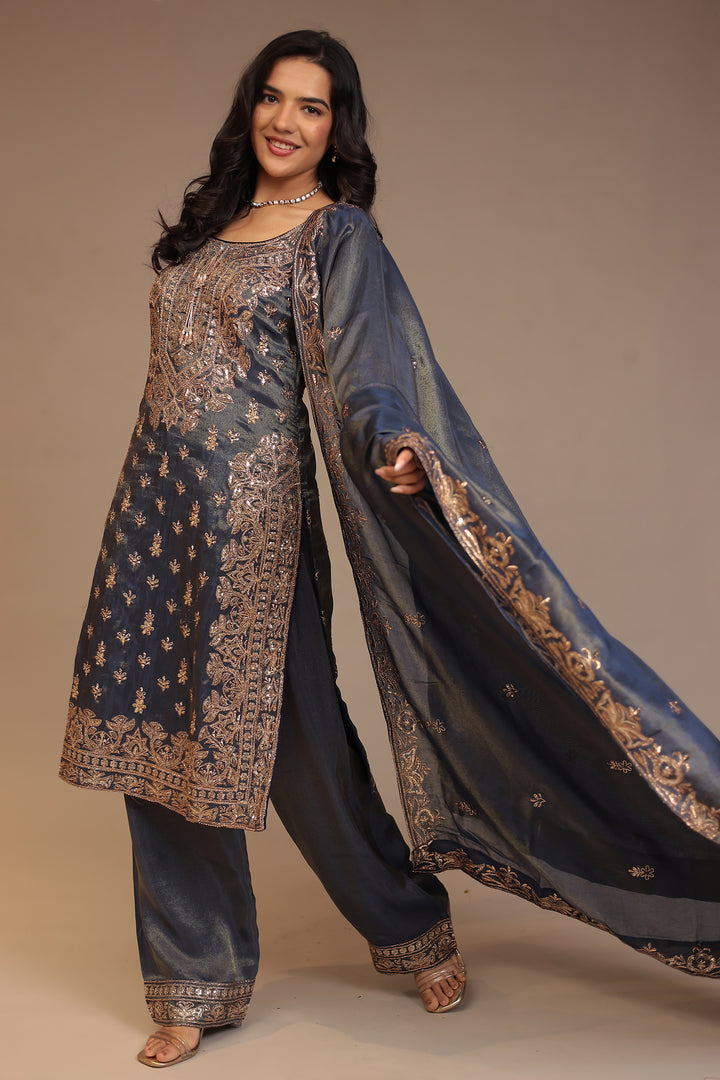 Tissue shimmer silk Suit with Aari, Mirror, Sequins, Thread work.