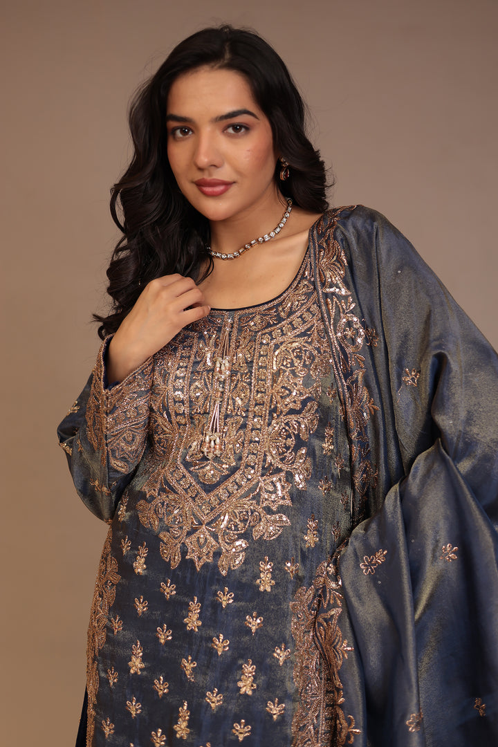 Tissue shimmer silk Suit with Aari, Cutdana, Mirror, Sequins, Thread work.