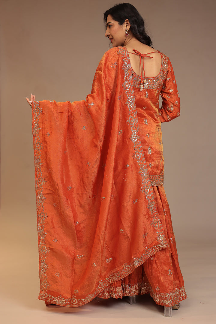 Tissue shimmer silk Suit with Aari, Cutdana, Mirror, Sequins, Thread work.