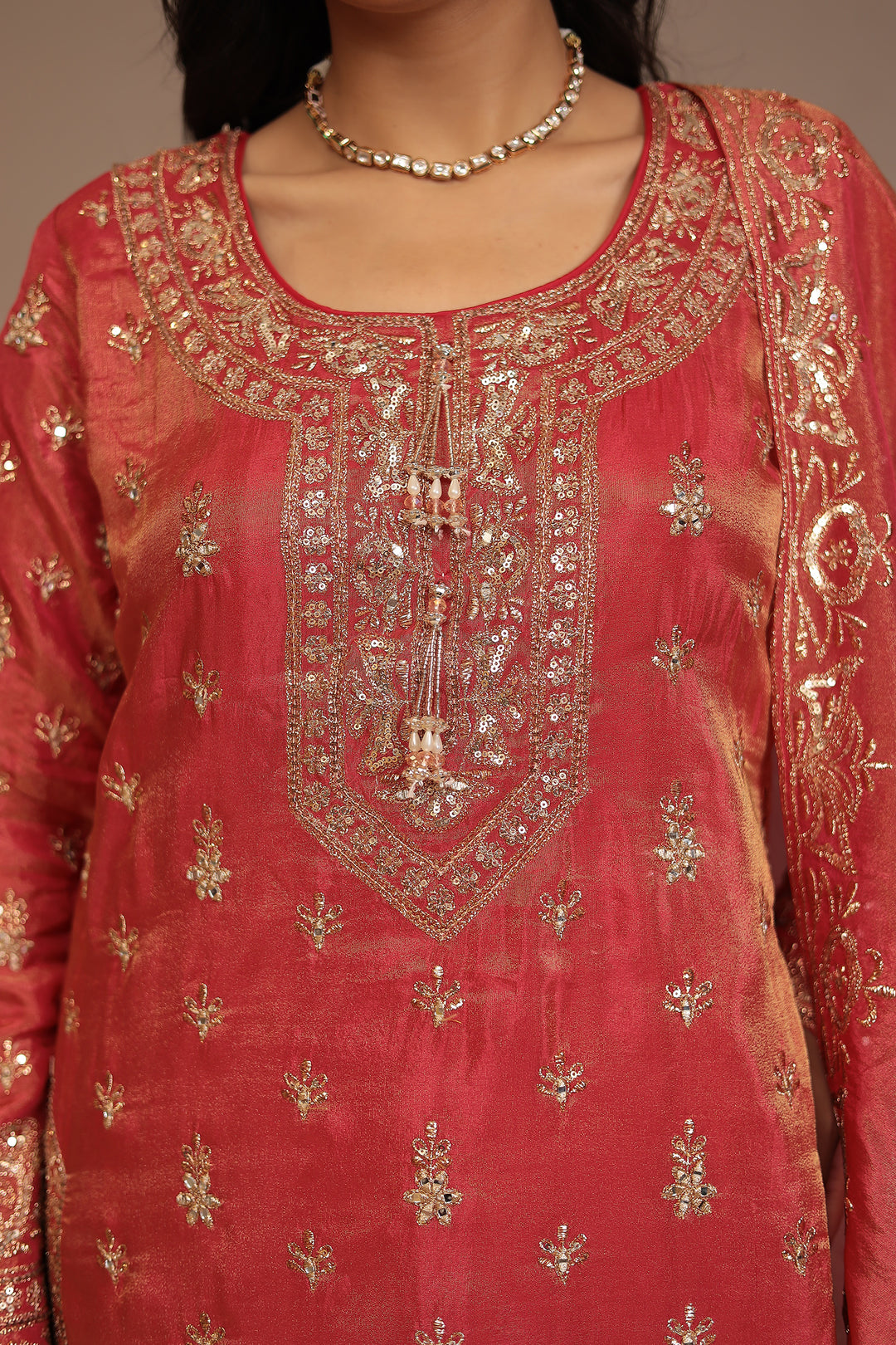 Tissue shimmer silk Suit with Aari, Cutdana, Mirror, Sequins, Thread work.