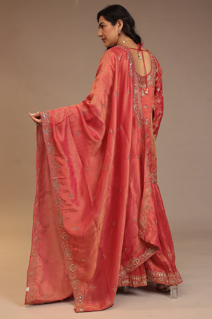 Tissue shimmer silk Suit with Aari, Cutdana, Sequins, Thread work.