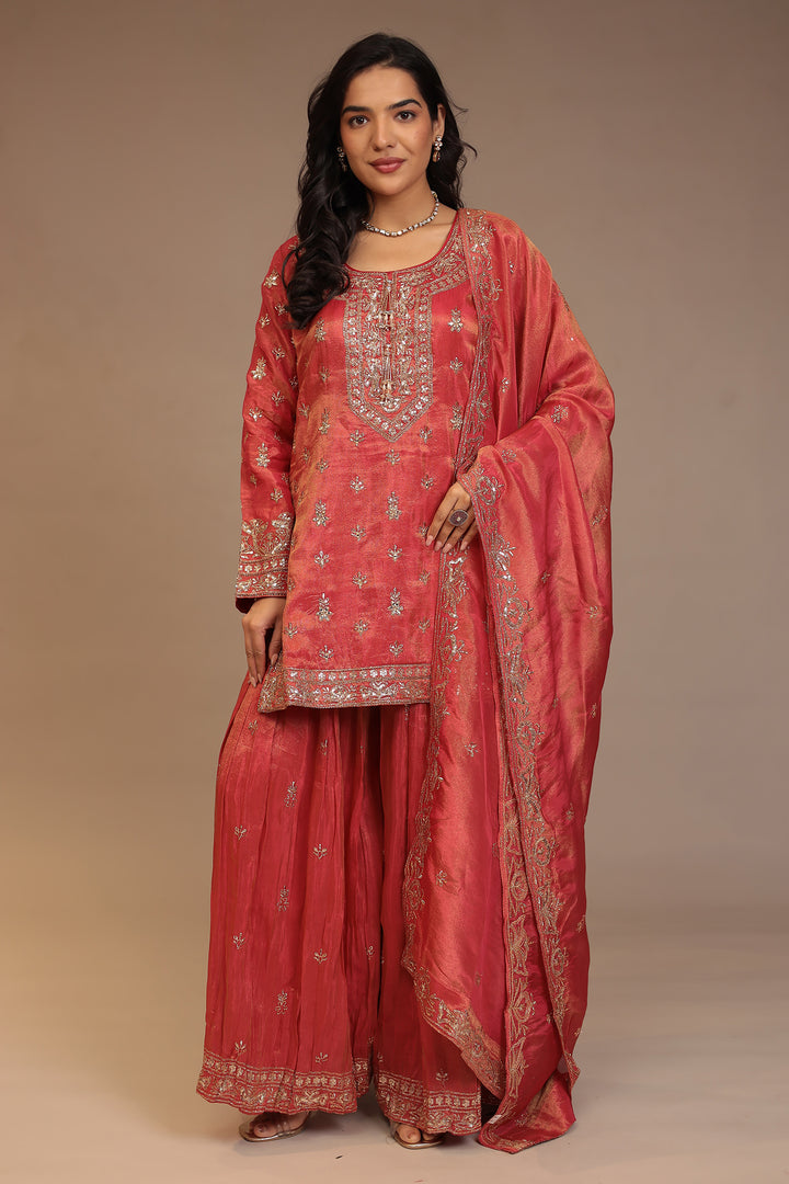 Tissue shimmer silk Suit with Aari, Cutdana, Mirror, Sequins, Thread work.