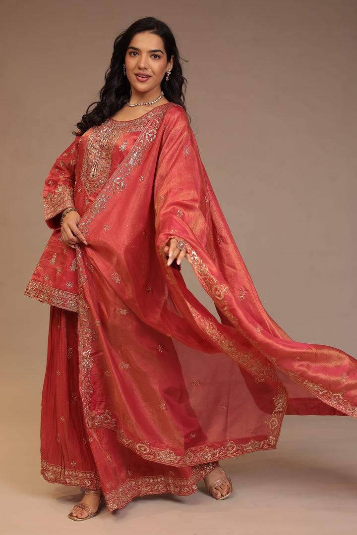 Tissue shimmer silk Suit with Aari, Cutdana, Sequins, Thread work.