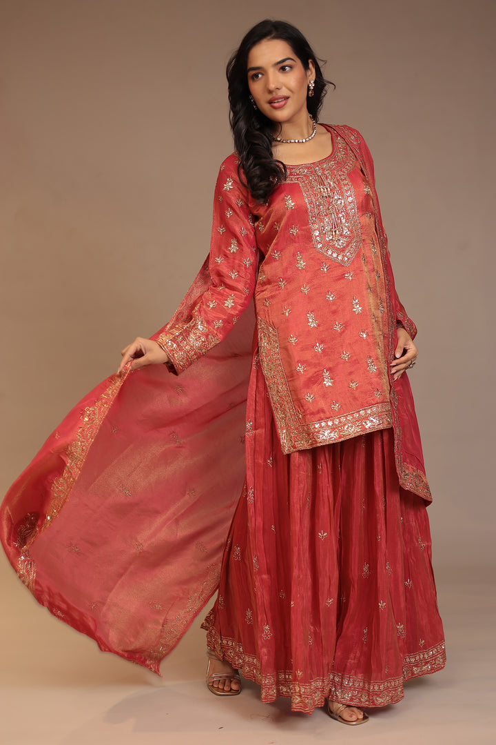 Tissue shimmer silk Suit with Aari, Cutdana, Mirror, Sequins, Thread work.