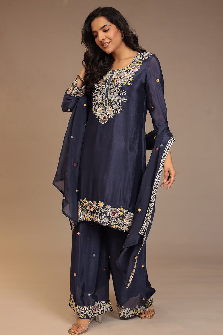 Chinon Suit with Aari, Cutdana, Pearl, Thread work.