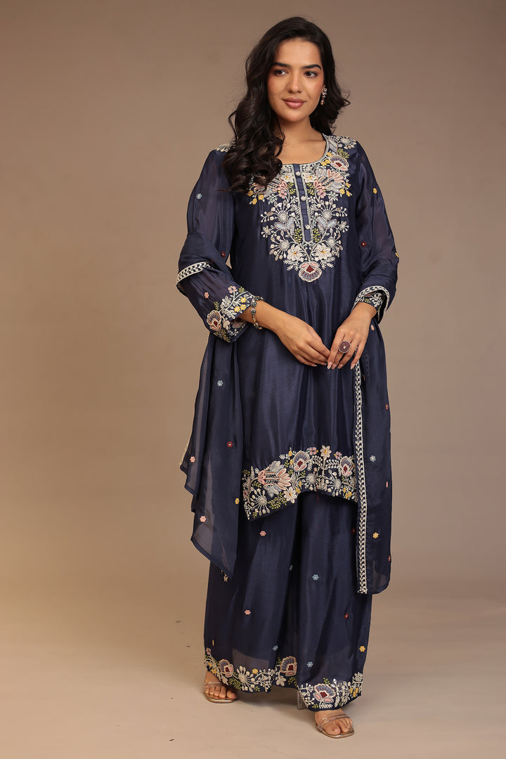 Chinon Suit with Aari, Cutdana, Pearl, Thread work.