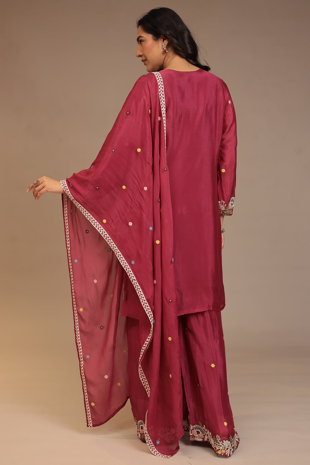 Chinon Suit with Aari, Cutdana, Pearl, Thread work.