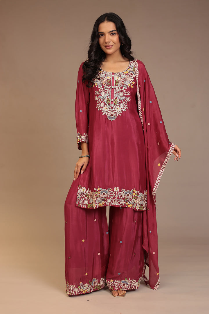 Chinon Suit with Aari, Cutdana, Pearl, Thread work.