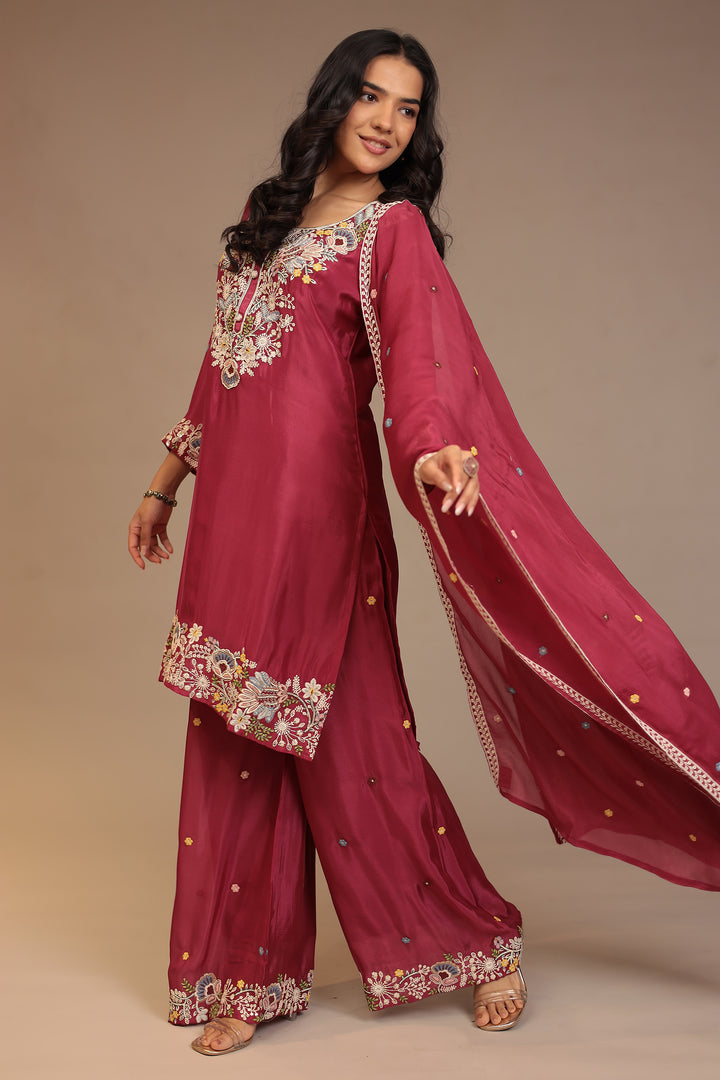 Chinon Suit with Aari, Cutdana, Pearl, Thread work.