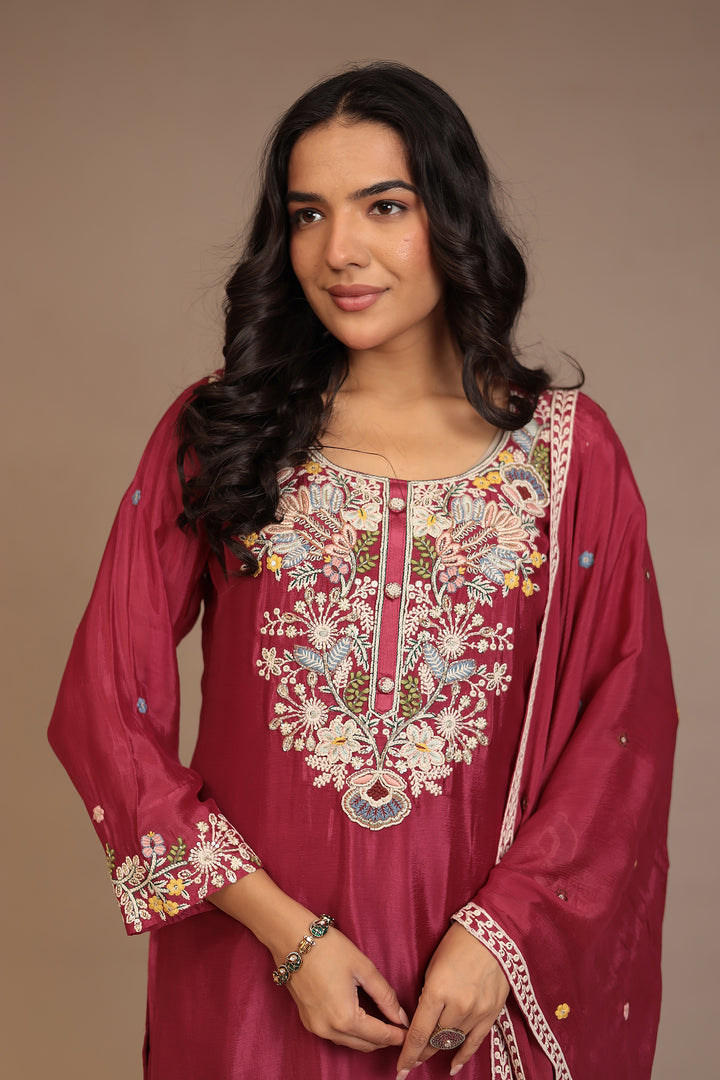 Chinon Suit with Aari, Cutdana, Pearl, Thread work.