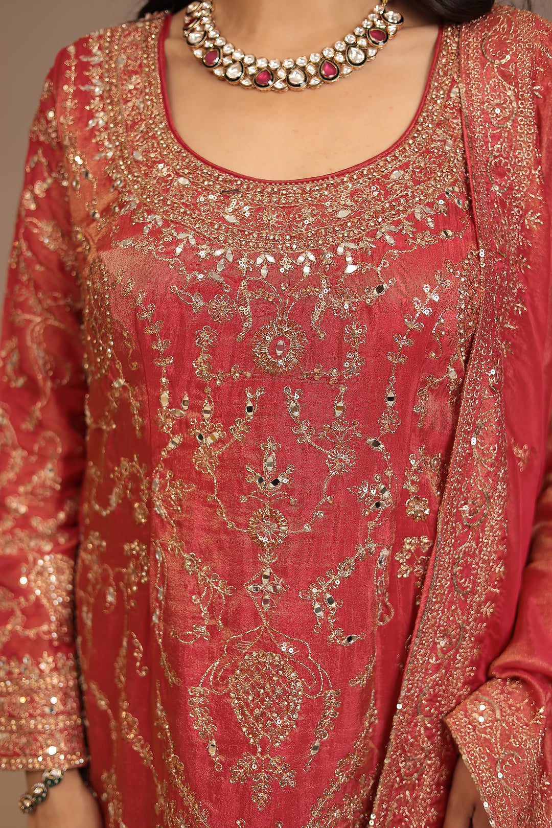 Tissue shimmer silk Suit with Aari, Mirror, Sequins work.