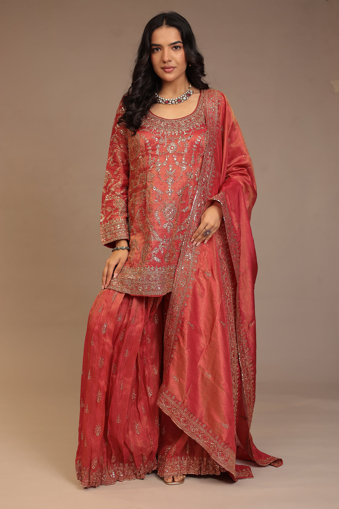 Tissue shimmer silk Suit with Aari, Mirror, Sequins work.