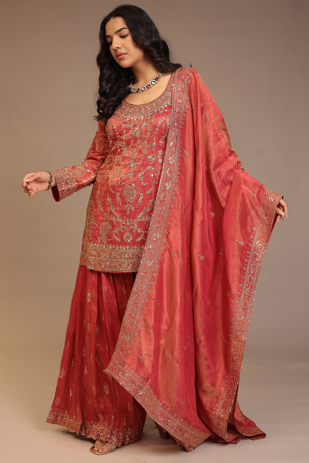 Tissue shimmer silk Suit with Aari, Mirror, Sequins work.