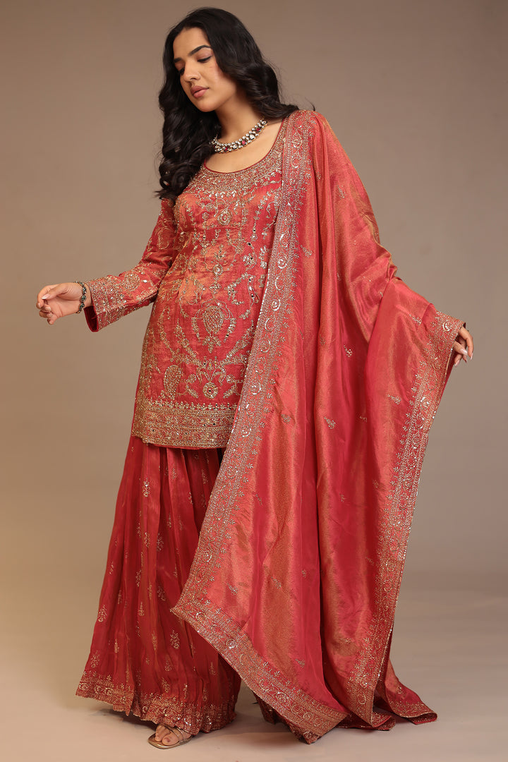 Tissue shimmer silk Suit with Aari, Mirror, Sequins work.