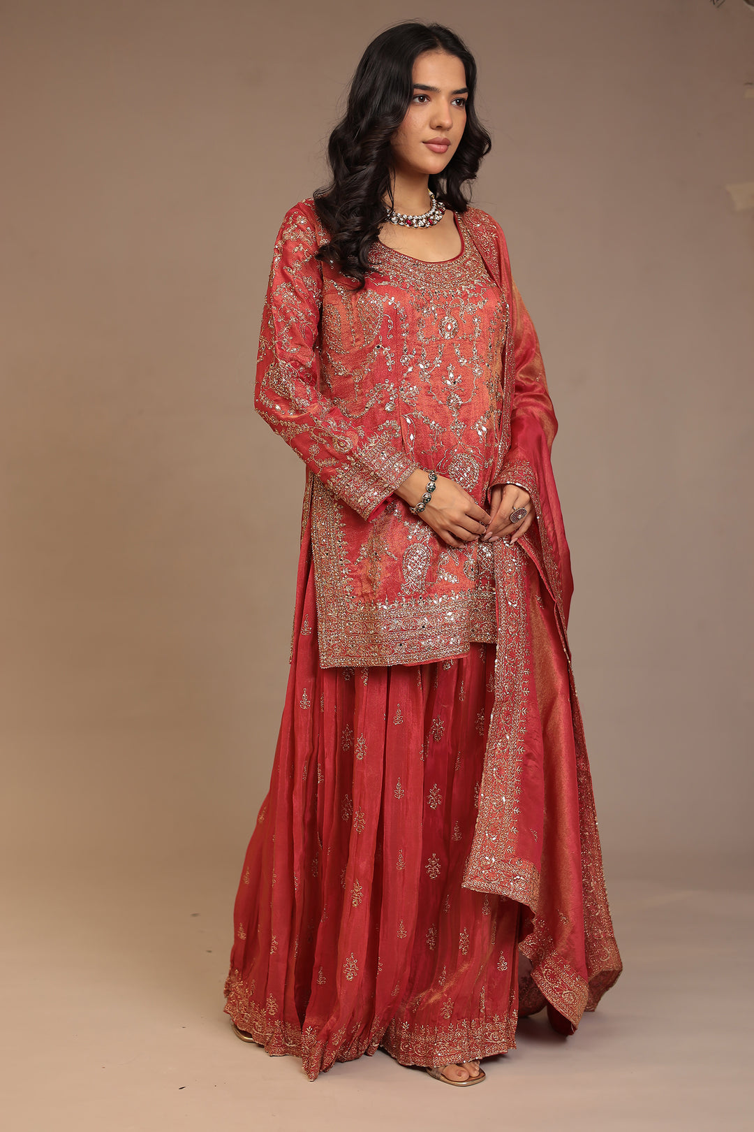 Tissue shimmer silk Suit with Aari, Mirror, Sequins work.