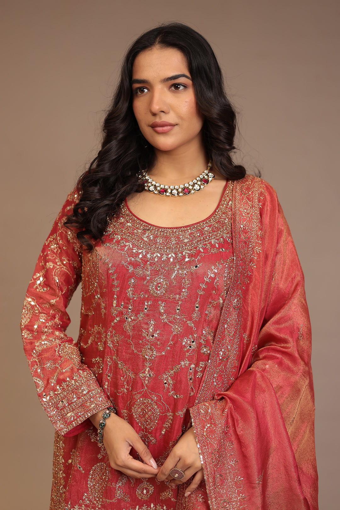 Tissue shimmer silk Suit with Aari, Mirror, Sequins work.