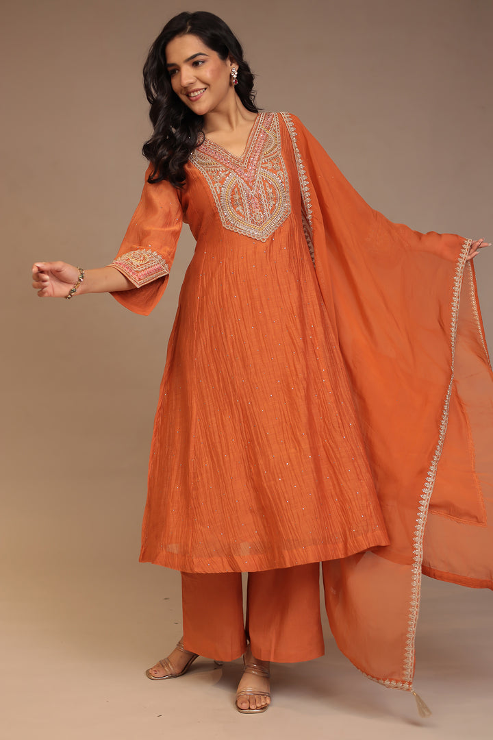Silk blend Suit with Aari, Pearl, Sequins, Thread work.